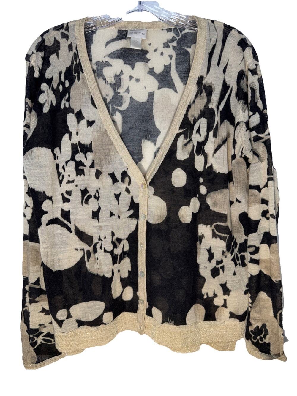 Chicos 0 Cardigan Sweater Lightweight Top Semi Sheer Abstract Small Black Ivory